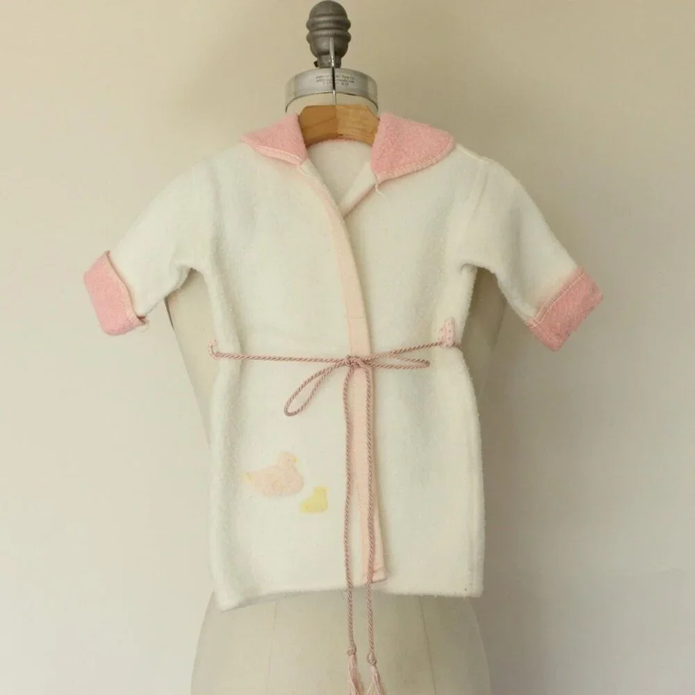 Vintage 1960s Baby Jacket With Ducks, Infant Girls Fleece Layette Clothing - Picture 2 of 10
